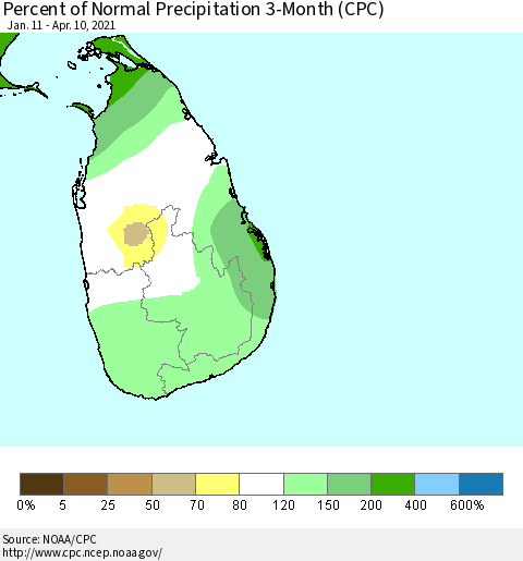 Sri Lanka Percent of Normal Precipitation 3-Month (CPC) Thematic Map For 1/11/2021 - 4/10/2021