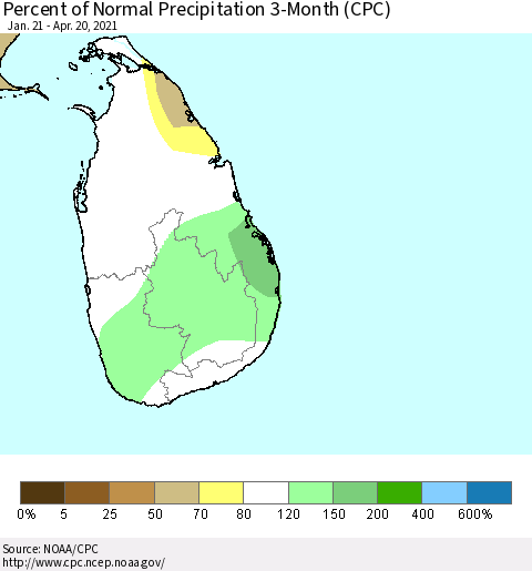 Sri Lanka Percent of Normal Precipitation 3-Month (CPC) Thematic Map For 1/21/2021 - 4/20/2021