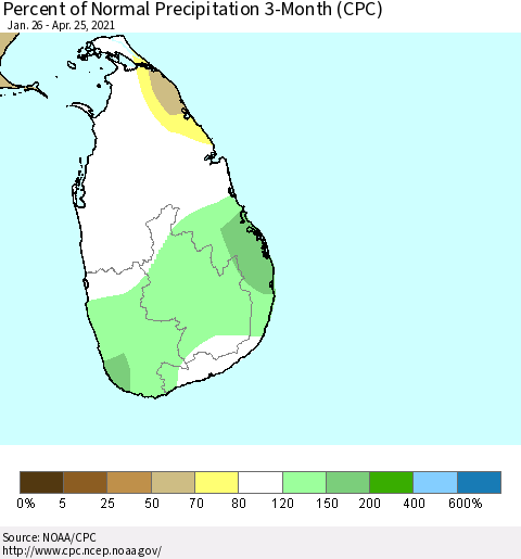 Sri Lanka Percent of Normal Precipitation 3-Month (CPC) Thematic Map For 1/26/2021 - 4/25/2021