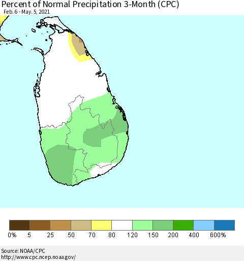 Sri Lanka Percent of Normal Precipitation 3-Month (CPC) Thematic Map For 2/6/2021 - 5/5/2021