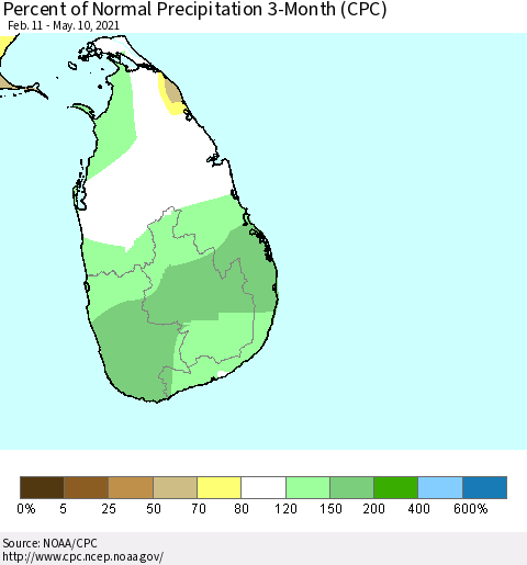 Sri Lanka Percent of Normal Precipitation 3-Month (CPC) Thematic Map For 2/11/2021 - 5/10/2021