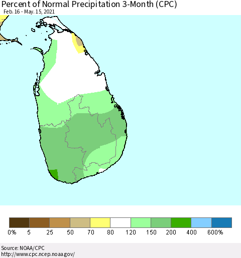 Sri Lanka Percent of Normal Precipitation 3-Month (CPC) Thematic Map For 2/16/2021 - 5/15/2021