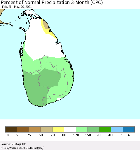 Sri Lanka Percent of Normal Precipitation 3-Month (CPC) Thematic Map For 2/21/2021 - 5/20/2021