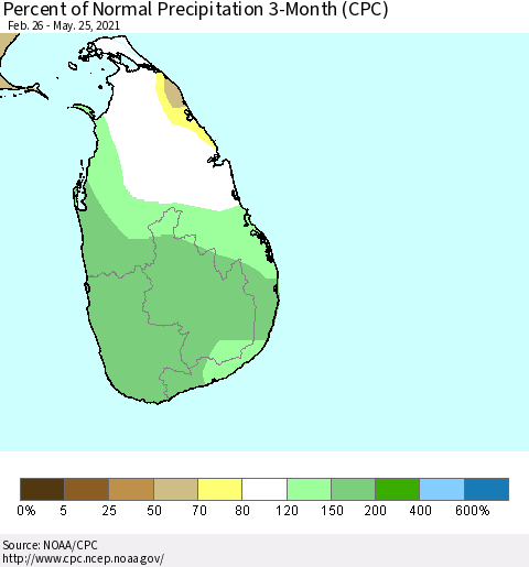 Sri Lanka Percent of Normal Precipitation 3-Month (CPC) Thematic Map For 2/26/2021 - 5/25/2021