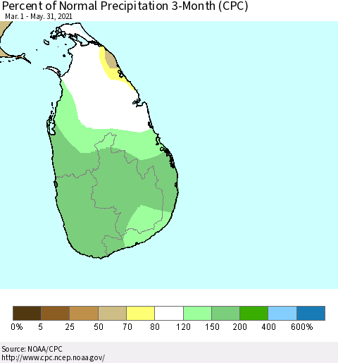 Sri Lanka Percent of Normal Precipitation 3-Month (CPC) Thematic Map For 3/1/2021 - 5/31/2021