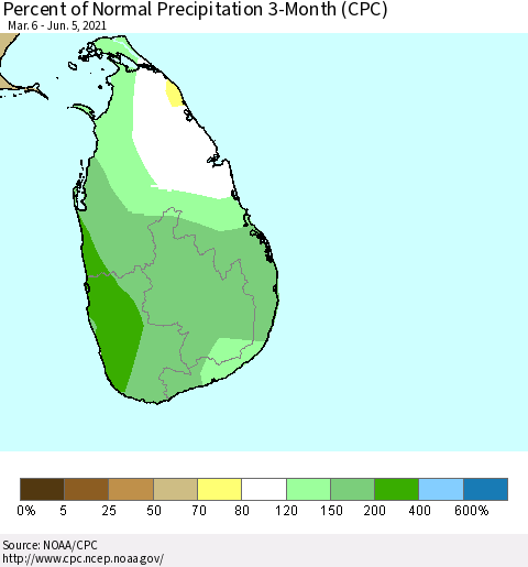 Sri Lanka Percent of Normal Precipitation 3-Month (CPC) Thematic Map For 3/6/2021 - 6/5/2021