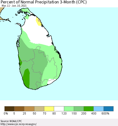 Sri Lanka Percent of Normal Precipitation 3-Month (CPC) Thematic Map For 3/11/2021 - 6/10/2021