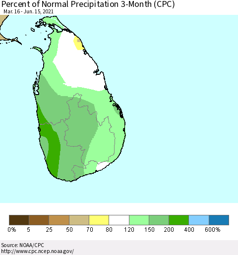 Sri Lanka Percent of Normal Precipitation 3-Month (CPC) Thematic Map For 3/16/2021 - 6/15/2021