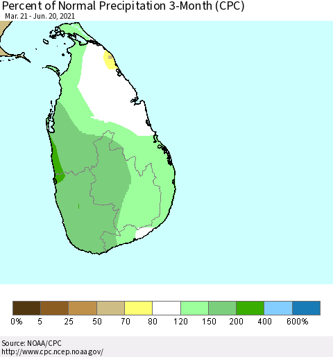 Sri Lanka Percent of Normal Precipitation 3-Month (CPC) Thematic Map For 3/21/2021 - 6/20/2021