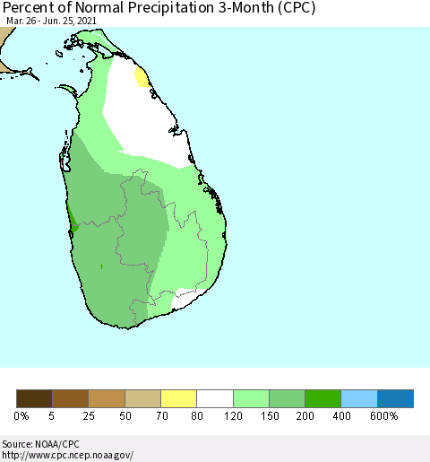 Sri Lanka Percent of Normal Precipitation 3-Month (CPC) Thematic Map For 3/26/2021 - 6/25/2021