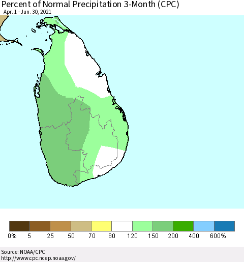 Sri Lanka Percent of Normal Precipitation 3-Month (CPC) Thematic Map For 4/1/2021 - 6/30/2021