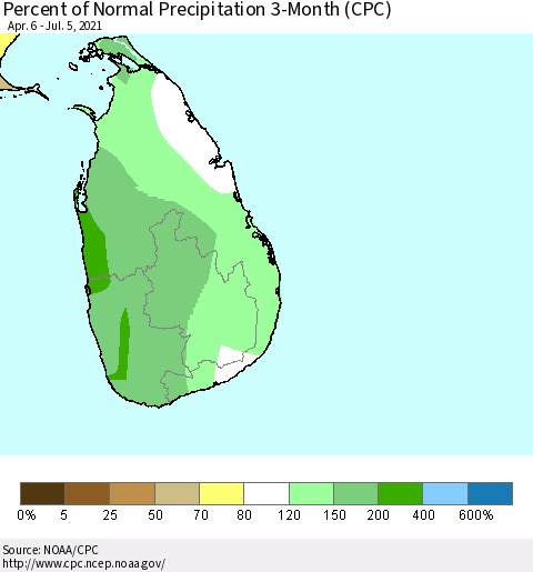 Sri Lanka Percent of Normal Precipitation 3-Month (CPC) Thematic Map For 4/6/2021 - 7/5/2021
