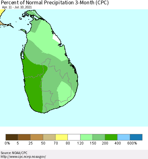 Sri Lanka Percent of Normal Precipitation 3-Month (CPC) Thematic Map For 4/11/2021 - 7/10/2021