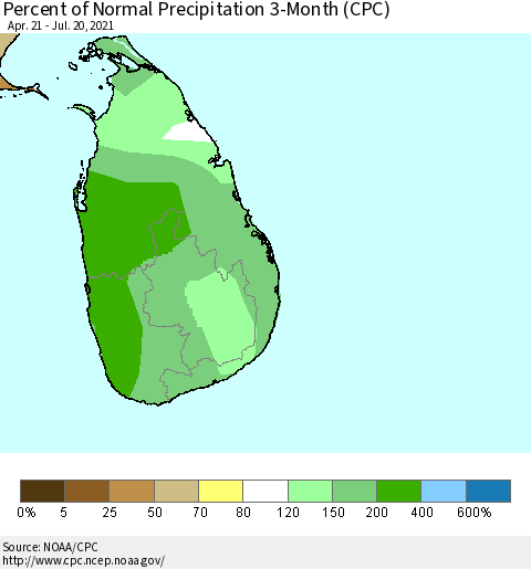 Sri Lanka Percent of Normal Precipitation 3-Month (CPC) Thematic Map For 4/21/2021 - 7/20/2021