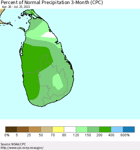 Sri Lanka Percent of Normal Precipitation 3-Month (CPC) Thematic Map For 4/26/2021 - 7/25/2021