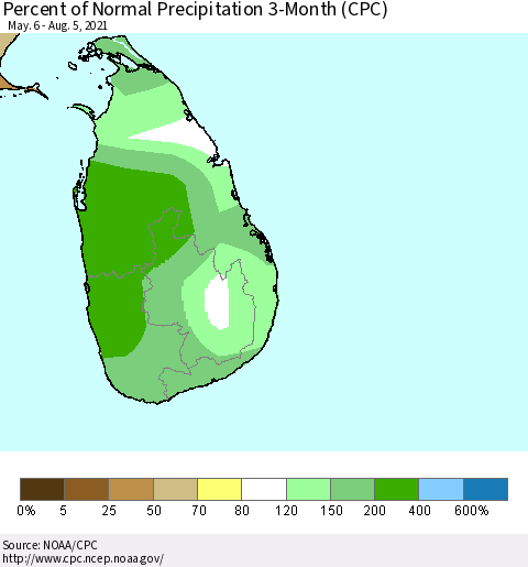 Sri Lanka Percent of Normal Precipitation 3-Month (CPC) Thematic Map For 5/6/2021 - 8/5/2021