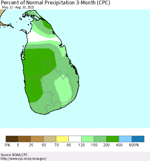 Sri Lanka Percent of Normal Precipitation 3-Month (CPC) Thematic Map For 5/11/2021 - 8/10/2021