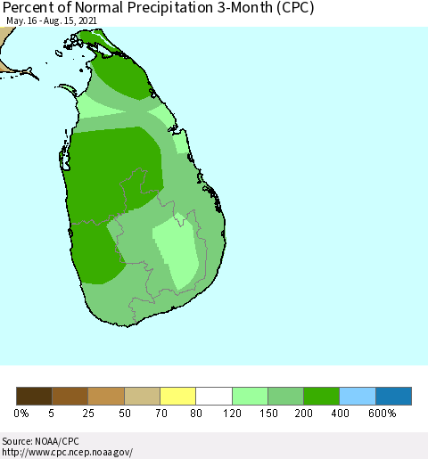 Sri Lanka Percent of Normal Precipitation 3-Month (CPC) Thematic Map For 5/16/2021 - 8/15/2021