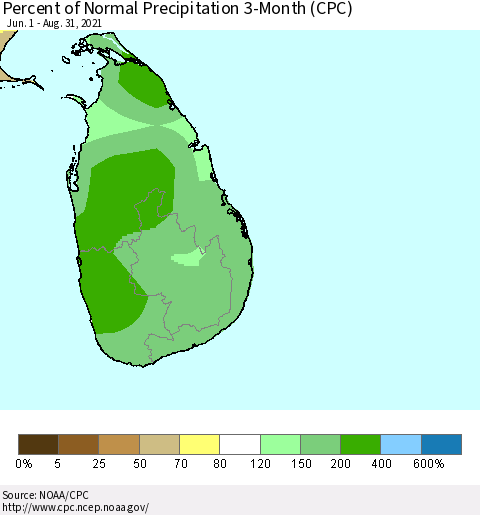 Sri Lanka Percent of Normal Precipitation 3-Month (CPC) Thematic Map For 6/1/2021 - 8/31/2021