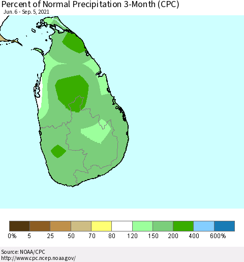 Sri Lanka Percent of Normal Precipitation 3-Month (CPC) Thematic Map For 6/6/2021 - 9/5/2021