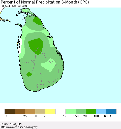 Sri Lanka Percent of Normal Precipitation 3-Month (CPC) Thematic Map For 6/11/2021 - 9/10/2021