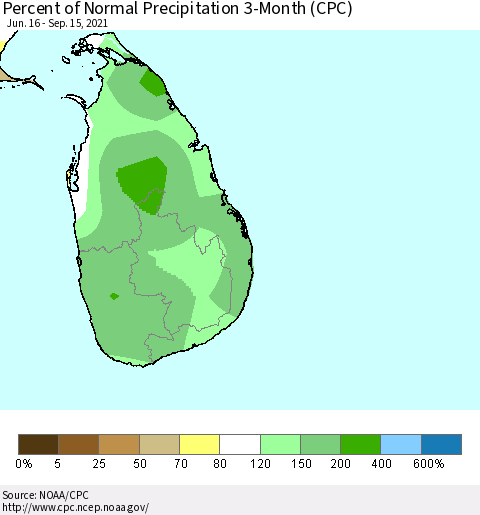 Sri Lanka Percent of Normal Precipitation 3-Month (CPC) Thematic Map For 6/16/2021 - 9/15/2021