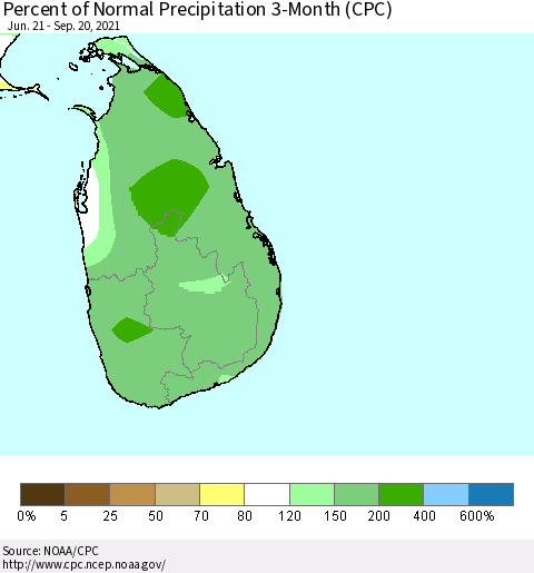 Sri Lanka Percent of Normal Precipitation 3-Month (CPC) Thematic Map For 6/21/2021 - 9/20/2021