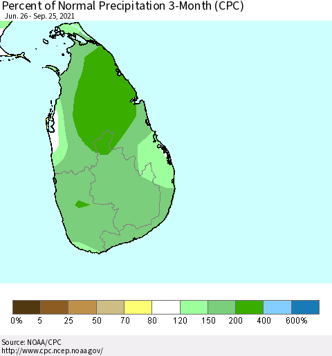 Sri Lanka Percent of Normal Precipitation 3-Month (CPC) Thematic Map For 6/26/2021 - 9/25/2021