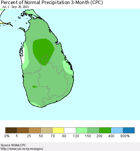 Sri Lanka Percent of Normal Precipitation 3-Month (CPC) Thematic Map For 7/1/2021 - 9/30/2021