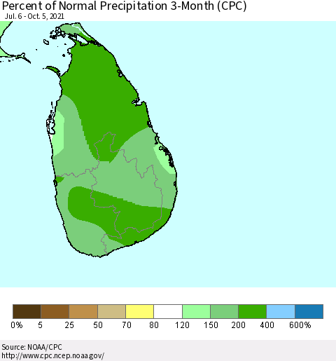 Sri Lanka Percent of Normal Precipitation 3-Month (CPC) Thematic Map For 7/6/2021 - 10/5/2021