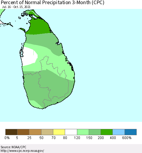 Sri Lanka Percent of Normal Precipitation 3-Month (CPC) Thematic Map For 7/16/2021 - 10/15/2021