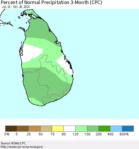 Sri Lanka Percent of Normal Precipitation 3-Month (CPC) Thematic Map For 7/21/2021 - 10/20/2021