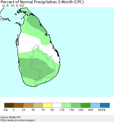 Sri Lanka Percent of Normal Precipitation 3-Month (CPC) Thematic Map For 7/26/2021 - 10/25/2021