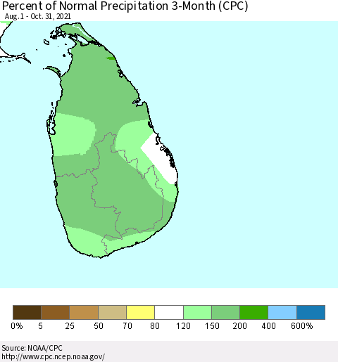 Sri Lanka Percent of Normal Precipitation 3-Month (CPC) Thematic Map For 8/1/2021 - 10/31/2021
