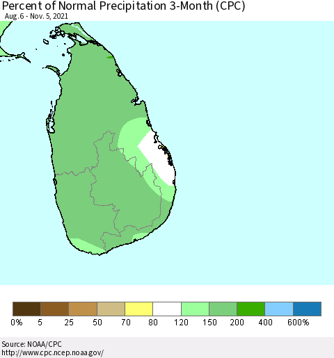 Sri Lanka Percent of Normal Precipitation 3-Month (CPC) Thematic Map For 8/6/2021 - 11/5/2021