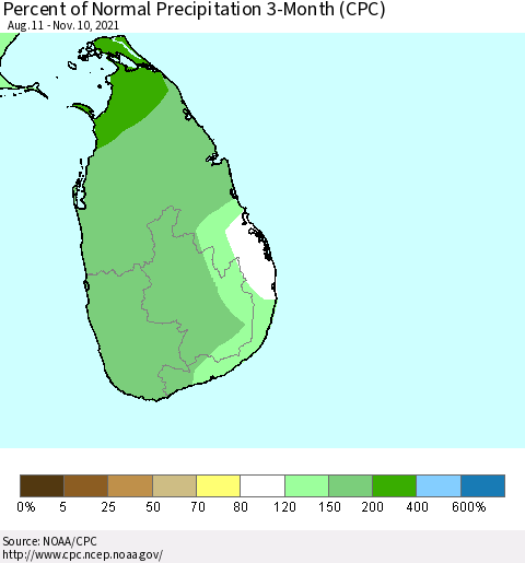 Sri Lanka Percent of Normal Precipitation 3-Month (CPC) Thematic Map For 8/11/2021 - 11/10/2021
