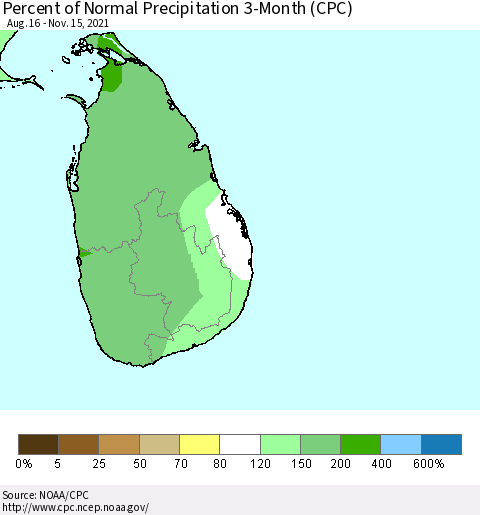 Sri Lanka Percent of Normal Precipitation 3-Month (CPC) Thematic Map For 8/16/2021 - 11/15/2021