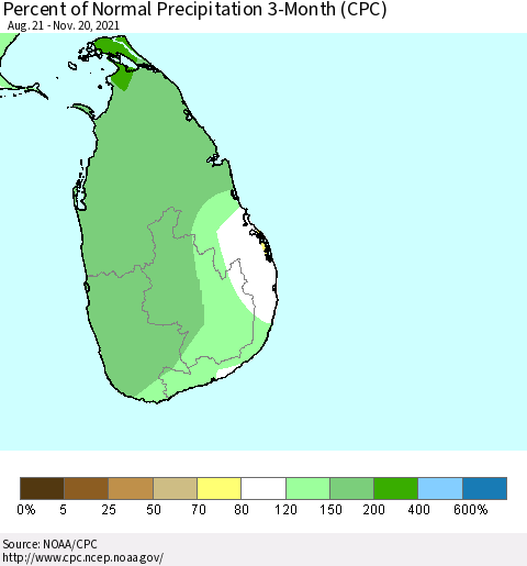 Sri Lanka Percent of Normal Precipitation 3-Month (CPC) Thematic Map For 8/21/2021 - 11/20/2021