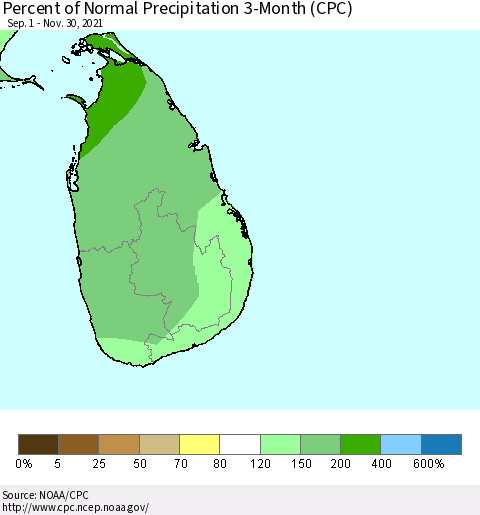 Sri Lanka Percent of Normal Precipitation 3-Month (CPC) Thematic Map For 9/1/2021 - 11/30/2021