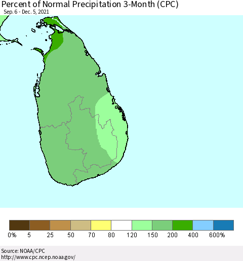 Sri Lanka Percent of Normal Precipitation 3-Month (CPC) Thematic Map For 9/6/2021 - 12/5/2021