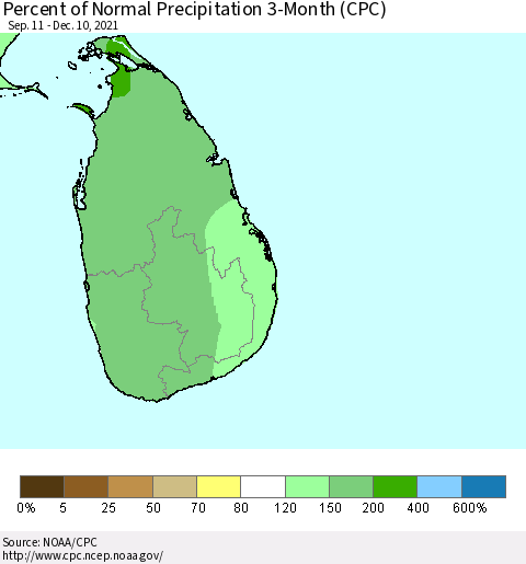 Sri Lanka Percent of Normal Precipitation 3-Month (CPC) Thematic Map For 9/11/2021 - 12/10/2021
