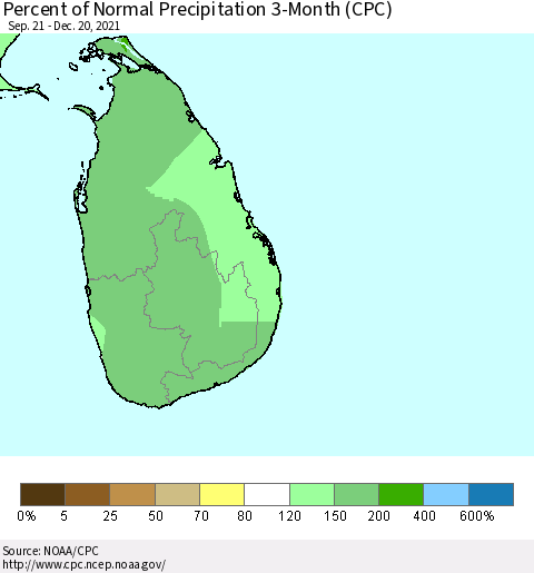 Sri Lanka Percent of Normal Precipitation 3-Month (CPC) Thematic Map For 9/21/2021 - 12/20/2021