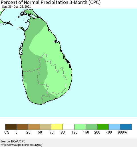 Sri Lanka Percent of Normal Precipitation 3-Month (CPC) Thematic Map For 9/26/2021 - 12/25/2021
