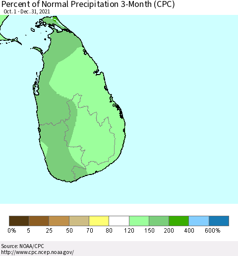 Sri Lanka Percent of Normal Precipitation 3-Month (CPC) Thematic Map For 10/1/2021 - 12/31/2021