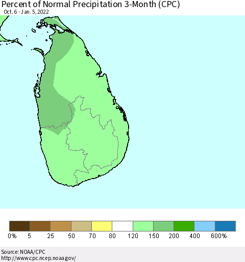 Sri Lanka Percent of Normal Precipitation 3-Month (CPC) Thematic Map For 10/6/2021 - 1/5/2022