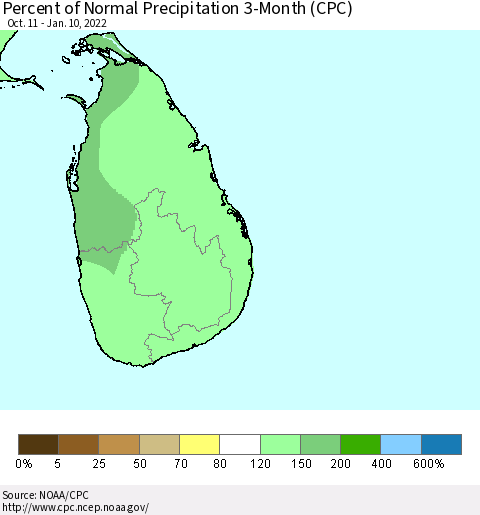 Sri Lanka Percent of Normal Precipitation 3-Month (CPC) Thematic Map For 10/11/2021 - 1/10/2022