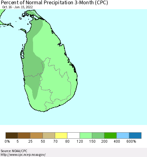 Sri Lanka Percent of Normal Precipitation 3-Month (CPC) Thematic Map For 10/16/2021 - 1/15/2022