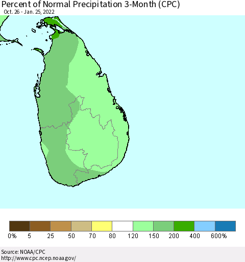 Sri Lanka Percent of Normal Precipitation 3-Month (CPC) Thematic Map For 10/26/2021 - 1/25/2022