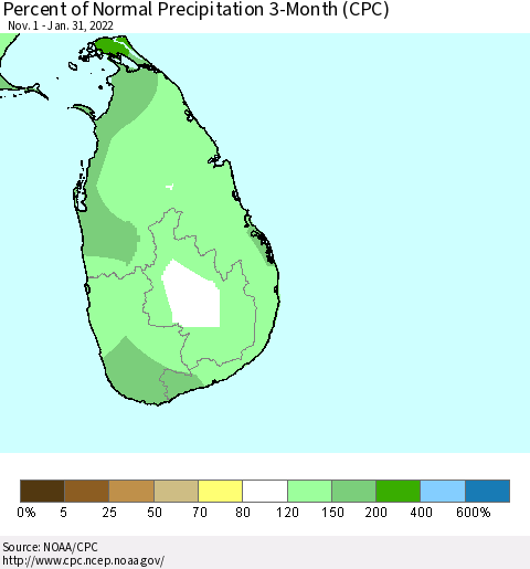 Sri Lanka Percent of Normal Precipitation 3-Month (CPC) Thematic Map For 11/1/2021 - 1/31/2022