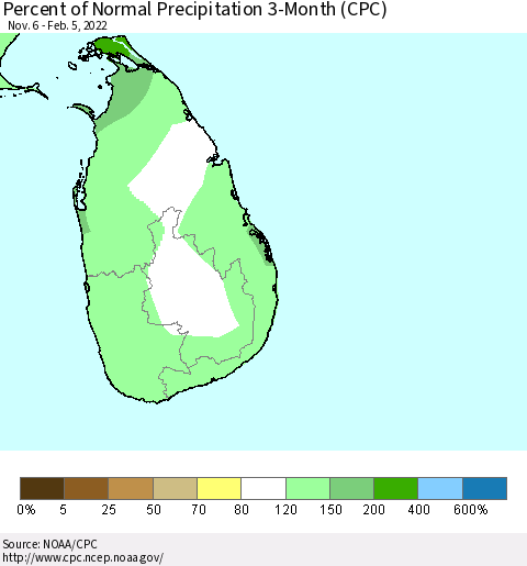 Sri Lanka Percent of Normal Precipitation 3-Month (CPC) Thematic Map For 11/6/2021 - 2/5/2022